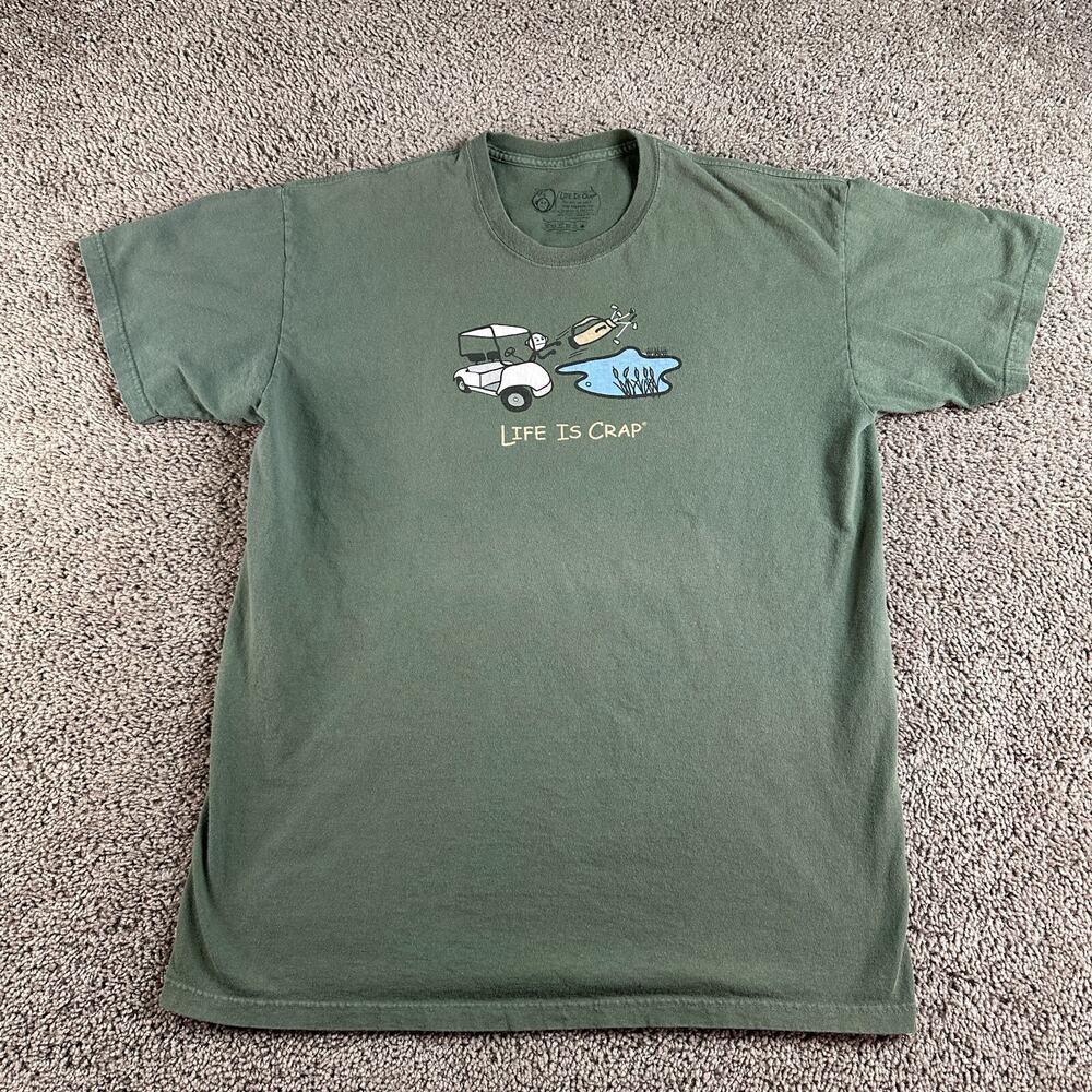 Life Is Crap Shirt Mens Large Green Blue Angry Golfer Golf Cart Short Sleeve